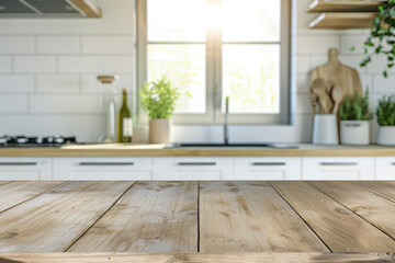 Empty Beautiful wood table top and blur bokeh modern kitchen interior background in clean and bright