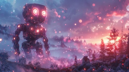 A captivating image of a charismatic robot wandering through a vibrant, magical forest. The scene is set against a brilliant sunset, filled with floating lights and a dreamy landscape. - obrazy, fototapety, plakaty