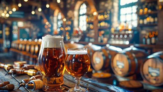 Delicious refreshing cold foamy light lager beer in a glass on the table at the bar