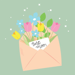 Mother`s day greeting card with spring flowers in letter and handwritten lettering Best mom. Springtime, greeting concept.