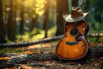 Cowboy hat on guitar in countryside