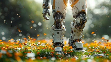A vibrant, yellow robot covered with moss sits amidst lush greenery in a rainforest, symbolizing a blend of technology and nature.