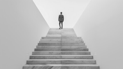 Ambitious businessman climbing stairs to meet incoming challenge and business opportunity. Career path to success - 784738710