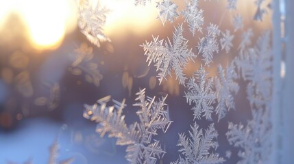 Close-up view of a frosted window with the sun shining in the background, creating a soft backlighting effect. - Powered by Adobe