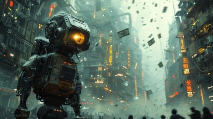 A highly detailed image of a futuristic robot with a visor, illuminated in golden light, amidst a shower of falling money bills. This scene conveys a concept of wealth and technology. - obrazy, fototapety, plakaty