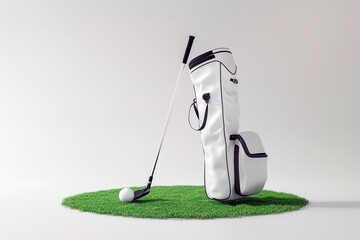 golf club and ball resting against a white golf bag on a green grass lawn circle - 784738737