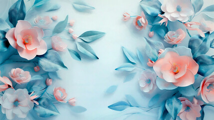 illustration of bright blue flowers and petals on blue background top view composition 