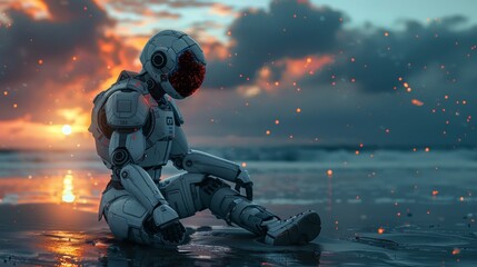 A futuristic robot sits on a beach, reflecting under a vivid sunset sky, surrounded by soft glows and a serene ocean backdrop. - obrazy, fototapety, plakaty