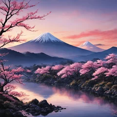 Fotobehang Japanese landscape adorned with delicate cherry blossoms, capturing essence of spring in Japan. For art, creative projects, fashion, style, blogs, social media, web design, print, magazine, banner. © Anzelika