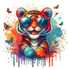 Cartoon Tiger: Abstract Watercolor Painting with Colorful Details and Sunglasses, Perfect for T-shirt Prints or High-Quality Wall Art.