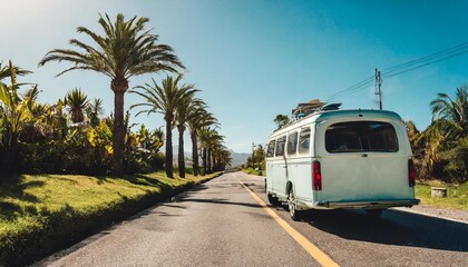 Obraz premium vintage van parked on a scenic road lined with palm trees