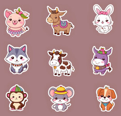 pattern, set of children's stickers of funny animals on a light green background