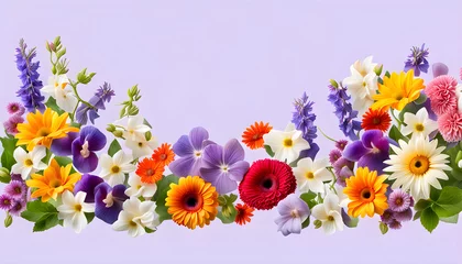 Stoff pro Meter Wonderful close-up view of fresh pansy gerbera carnation poppy sunflower and periwinkle flowers border © Spring of Sheba