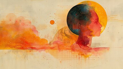 This image features a vibrant abstract portrait of a human head, blending warm and cool colors with dynamic art strokes on a textured background.