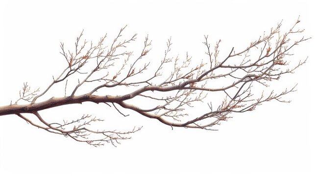 A detailed illustration of a thin, sprawling tree branch with small budding leaves, set against a pure white background. The image captures the essence of early spring and natural growth.