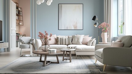 Living room interior with comfortable couches and table, pastel colors