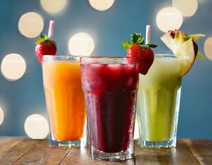 three fruit cocktails against a bokeh backdrop