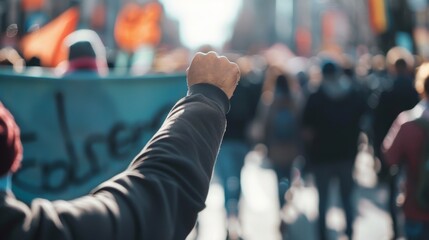 Protester's Hands Holding Banner with Unity in Background - obrazy, fototapety, plakaty
