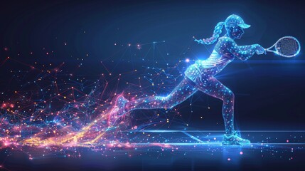 Digital art of a female tennis player in action, vibrant neon colors on dark background