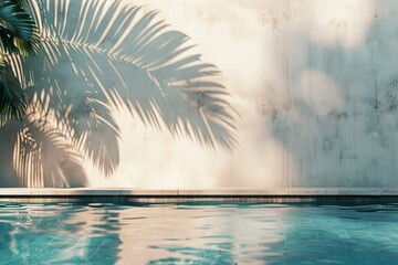 Tropical summer background with concrete wall, pool water and palm leaf shadow. Luxury hotel resort exterior for product placement. Outdoor vacation holiday house scene - generative ai - obrazy, fototapety, plakaty