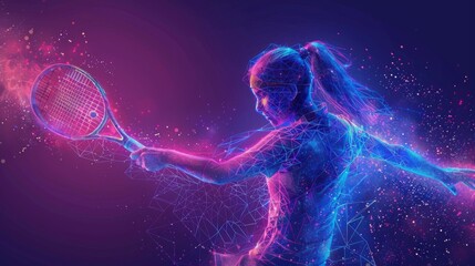 Digital art of a female tennis player in action, vibrant neon colors on dark background - obrazy, fototapety, plakaty