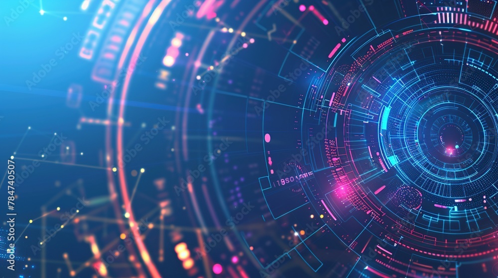 Poster Abstract futuristic digital technology background with glowing blue circular energy patterns.