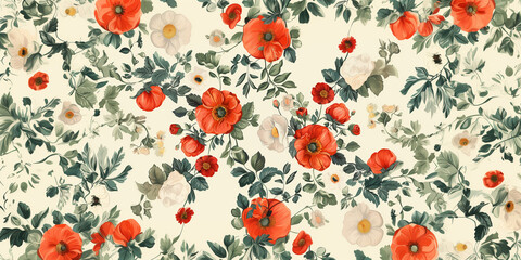 Vintage floral pattern with red poppies and white flowers on a cream background, seamless wallpaper design, watercolour illustration of a beautiful flower pattern in the style of various artists