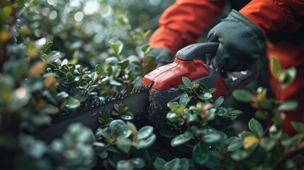 Person Trimming Hedge With Hedge Trimmer - obrazy, fototapety, plakaty