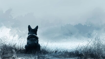 Lonely black corgi sitting on snow-covered ground, looking at a cloudy sky