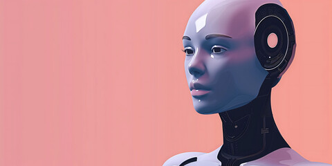 Synthetic Muse: Profile of a Humanoid Against Coral Backdrop - obrazy, fototapety, plakaty