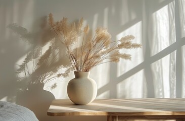 White Vase With Dried Plants on Table