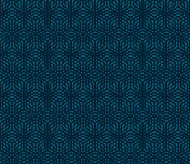 Vector minimalist geometric seamless pattern with hexagons, rhombuses, cubic grid, lattice, mesh, net. Subtle dark blue abstract background texture. Simple minimal repeated geo design for print, decor - 784741304