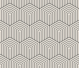 Vector minimal seamless pattern with hexagons, lines. Black and white abstract geometric background with hexagonal grid. Simple linear monochrome texture. Repeated design for decor, print, textile - 784741317
