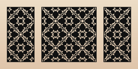 Laser cut pattern set. Vector design with elegant geometric texture, abstract floral grid, mesh. Islamic style ornament. Template for cnc cutting panels of wood, metal, paper. Aspect ratio 1:2, 1:1