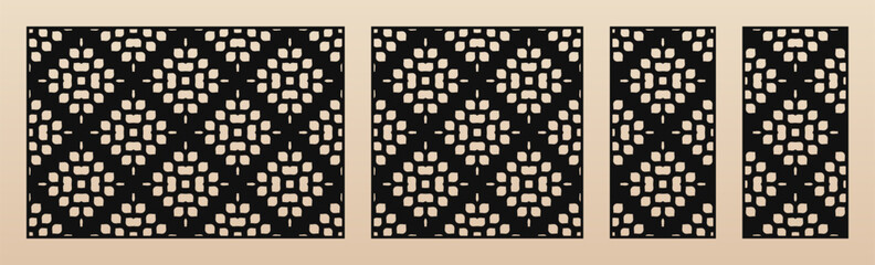 Decorative panels for laser cut. Vector stencils with abstract geometric pattern, floral grid, lattice, leaves ornament. Template for CNC, laser cutting of wood, metal. Aspect ratio 3:2, 1:1, 1:2