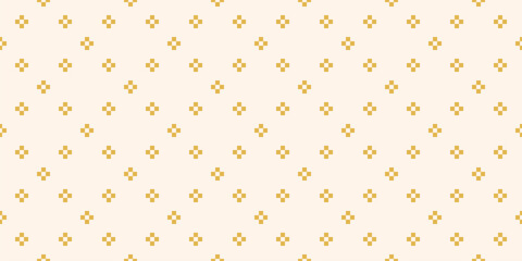 Vector minimalist geometric seamless pattern. Simple abstract ornament texture with small crosses, flower silhouettes, squares, dots. Yellow and white minimal background. Pixel art. Repeated design