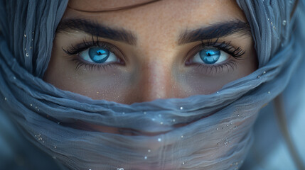 A mesmerizing close-up of a veiled woman, her azure eyes sparkling with mystery