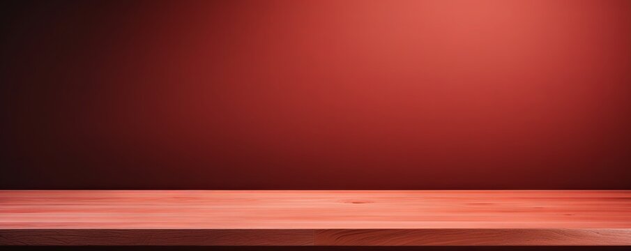 Abstract background with a dark coral wall and wooden table top for product presentation, wood floor, minimal concept, low key studio shot, high resolution photography 