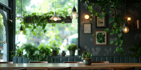  A cafe with green plants hanging from the ceiling, wooden tables and chairs, large windows overlooking nature