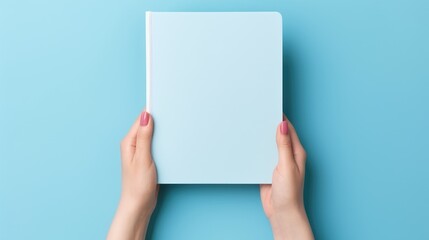 A clean notebook for notes is held by women's hands on a colored background, concepts of education, workplace, creativity. A place for text or advertising. - obrazy, fototapety, plakaty