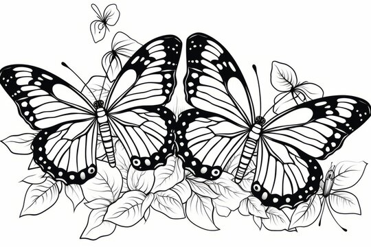Colouring drawing of butterflies on leaves