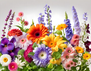 Beautiful image of wet pansy gerbera carnation poppy sunflower periwinkle and lavender flowers