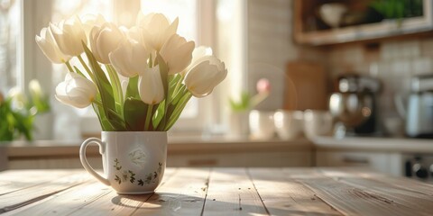 Vase of White Tulips on Wooden Table