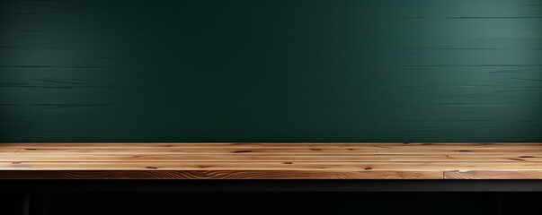 Abstract background with a dark green wall and wooden table top for product presentation, wood floor, minimal concept, low key studio shot, high resolution photography 