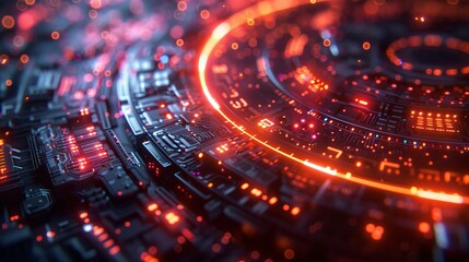 Fototapeta na wymiar Futuristic AI technology circuit board with glowing lights and intricate patterns
