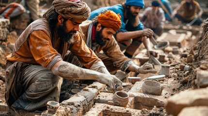 Group of Men Working on a Brick Wall