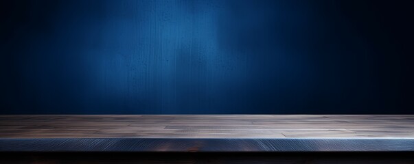 Abstract background with a dark indigo wall and wooden table top for product presentation, wood floor, minimal concept, low key studio shot, high resolution photography  - obrazy, fototapety, plakaty