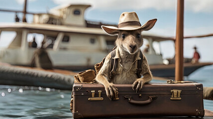Portrait of a kangaroo with a suitcase on the background of ships - obrazy, fototapety, plakaty