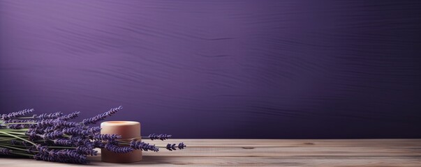 Abstract background with a dark lavender wall and wooden table top for product presentation, wood floor, minimal concept, low key studio shot, high resolution photography 