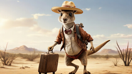 A kangaroo in sunglasses and a shirt stands in the middle of the desert with a suitcase - obrazy, fototapety, plakaty